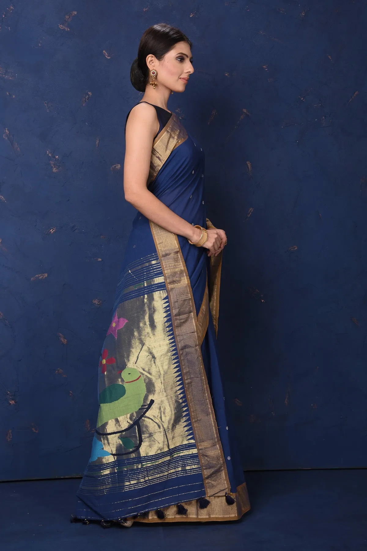 90L867 Blue Paithani Cotton Sari with Parrot Motif Pallu