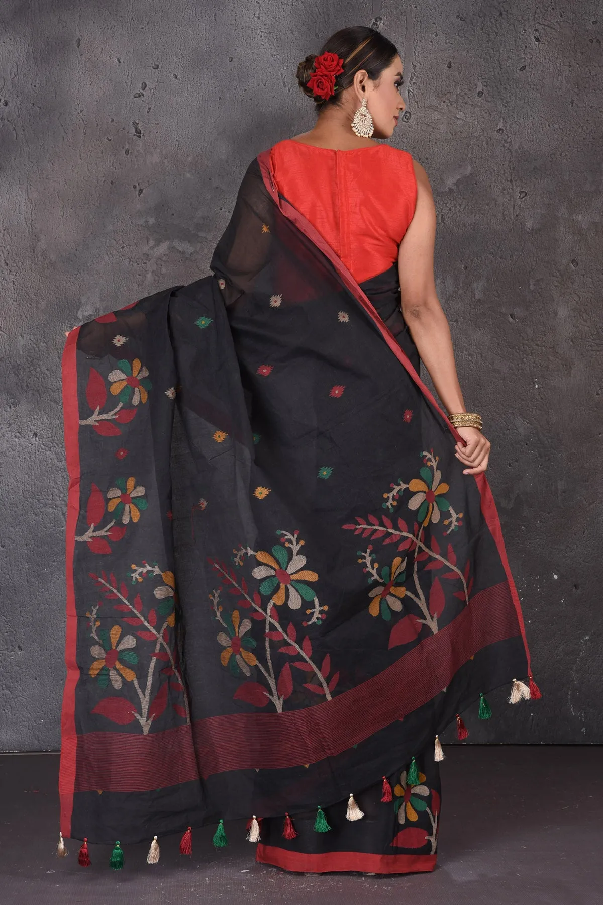 90M638 Black Tantuja Cotton Saree with Weave Pallu