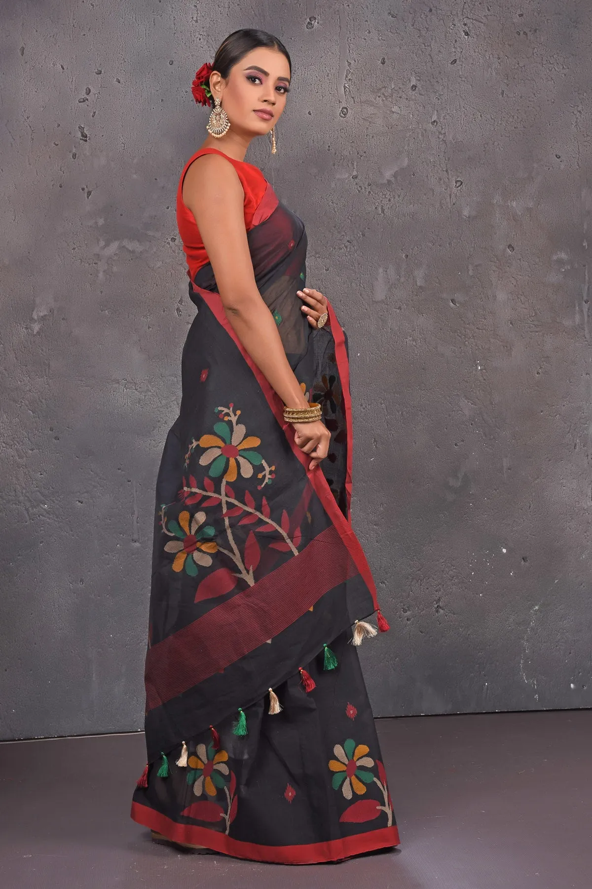 90M638 Black Tantuja Cotton Saree with Weave Pallu