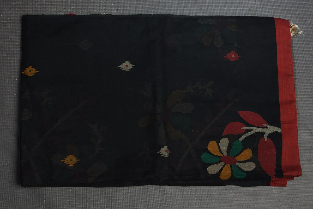 90M638 Black Tantuja Cotton Saree with Weave Pallu