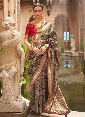 Attractive Beige Silk Jacquard Weaving Worked Classic Saree