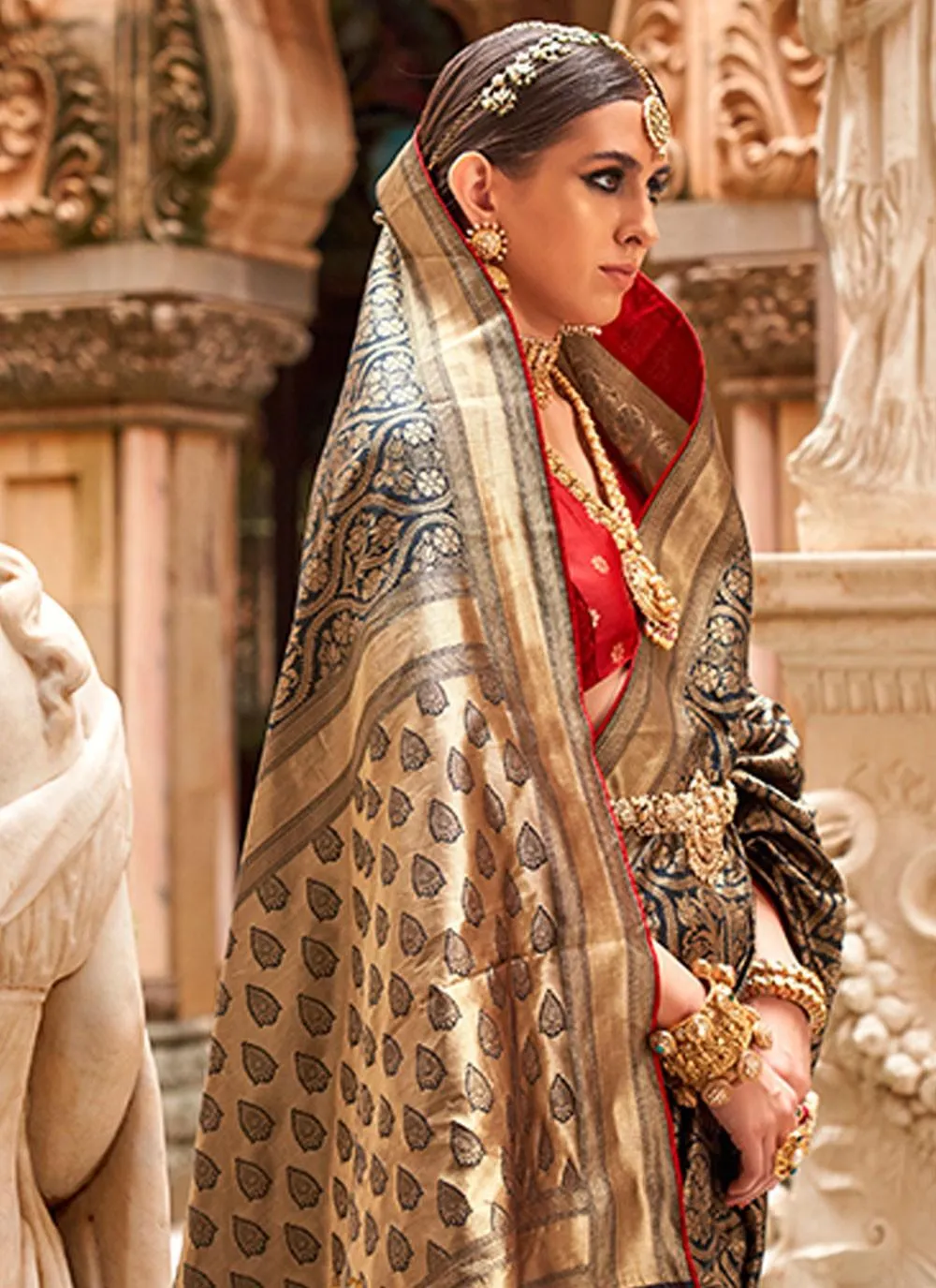 Attractive Beige Silk Jacquard Weaving Worked Classic Saree