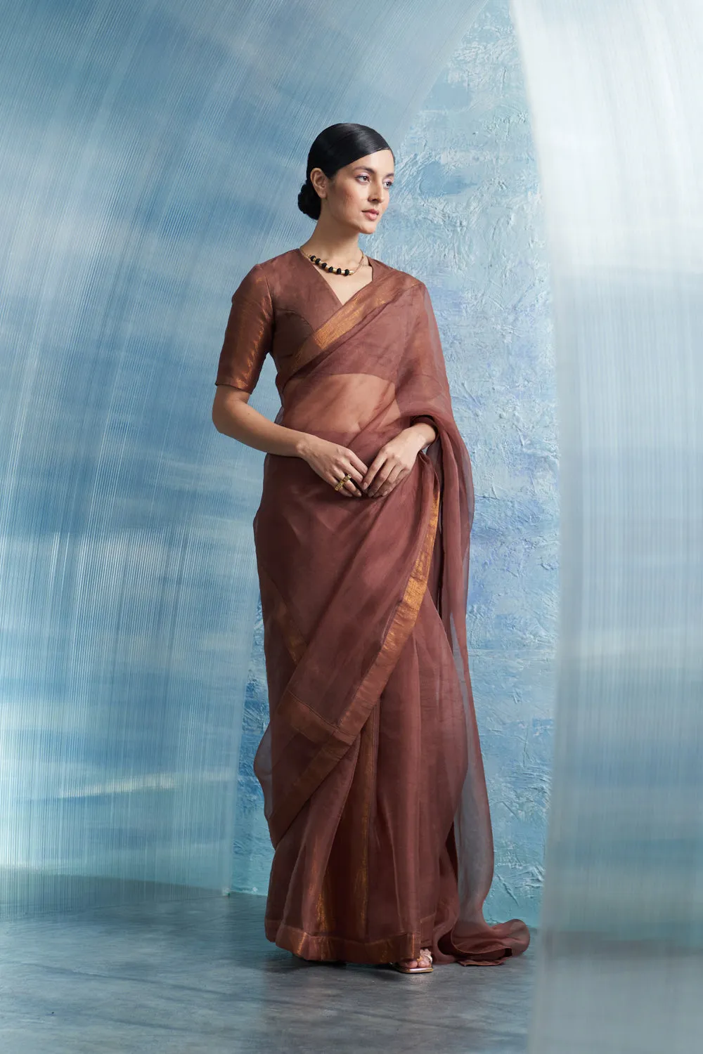 Aura Woody Brown Saree With-Sleeve Blouse