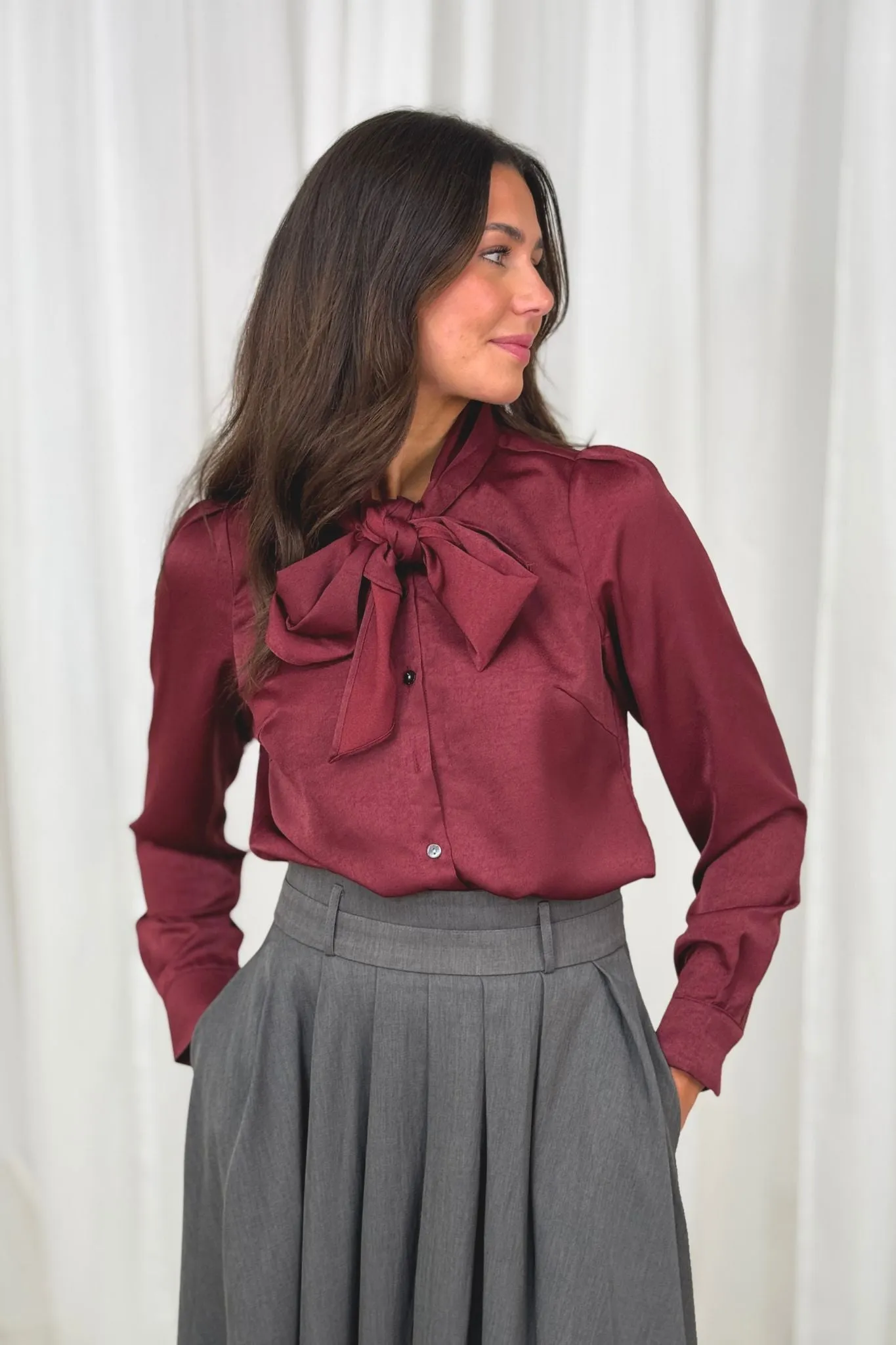 Becca Tie Neck Satin Blouse In Bordeaux