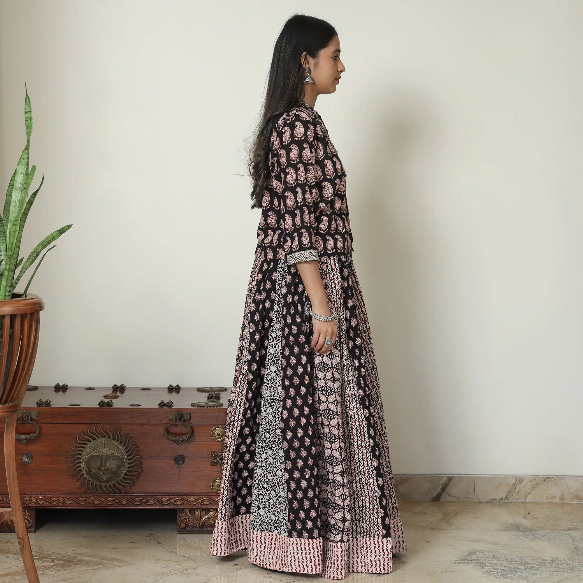 Black - Bagh Block Printed Patchwork Cotton Long Skirt