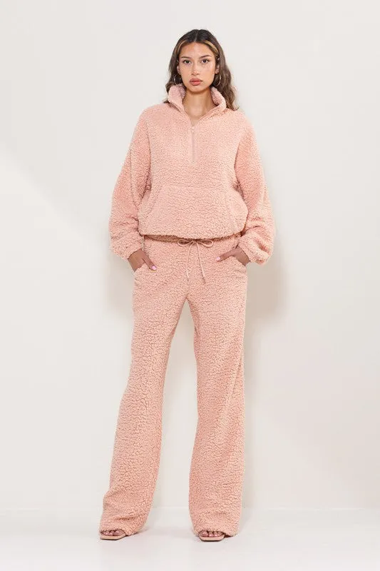 Blush Teddy Cozy Half Zipup Top And Pants Lounge Set