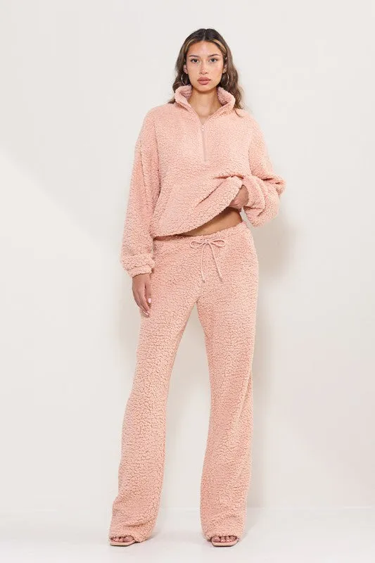 Blush Teddy Cozy Half Zipup Top And Pants Lounge Set