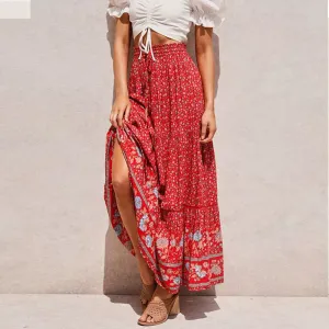 Bohemian Holiday Ethnic Print Hollow out Tied Elastic Large Swing A- line Dress Cotton Silk Beach Skirt