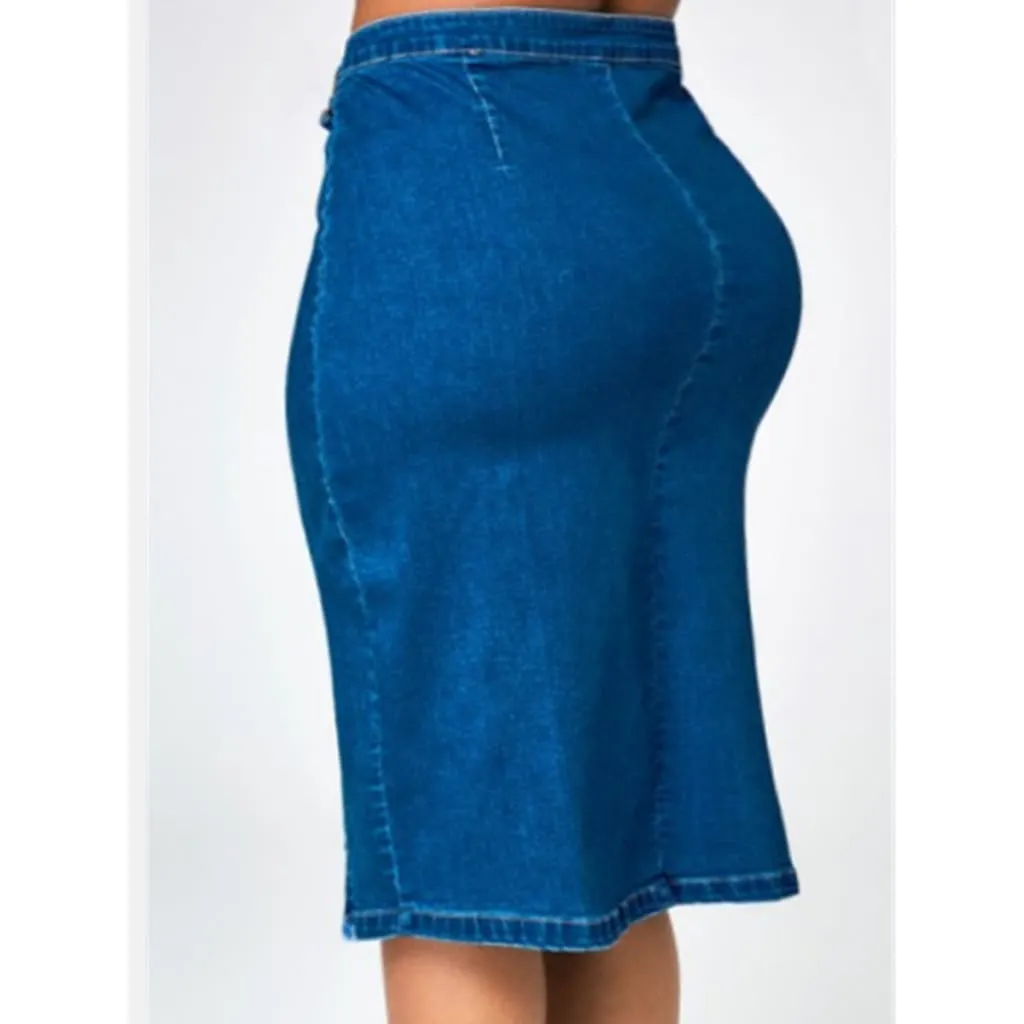 Buttoned Front Split Hem Denim Pencil Skirt