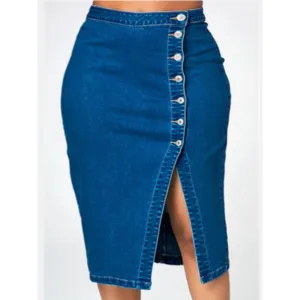 Buttoned Front Split Hem Denim Pencil Skirt