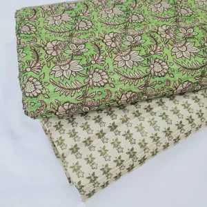 Cream With Green Floral & Green With Cream Floral Print Tusser Silk Mix & Match Set