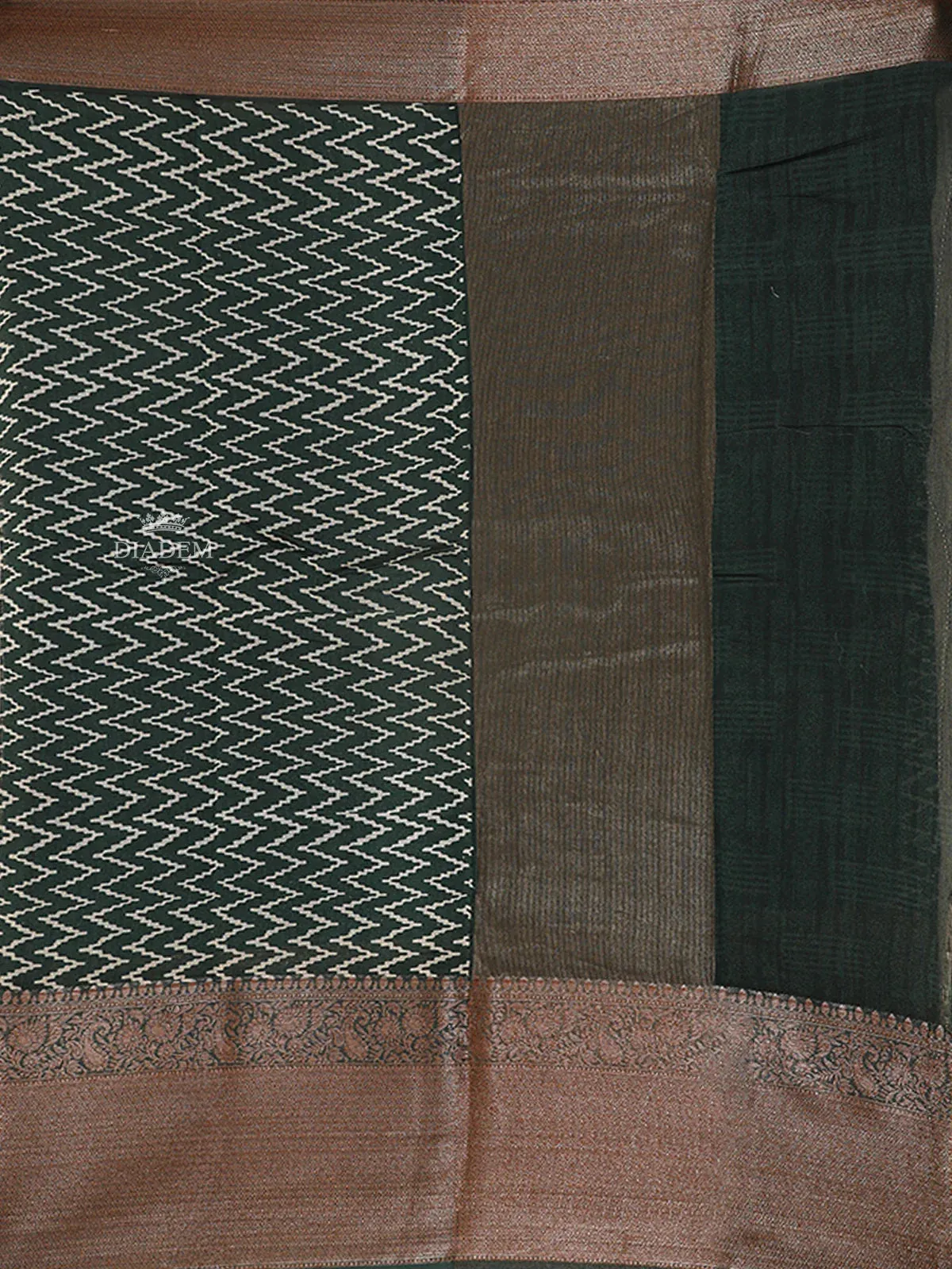 Dark Green Chanderi Silk Saree with chevron  Pattern on the Body with Zari Border