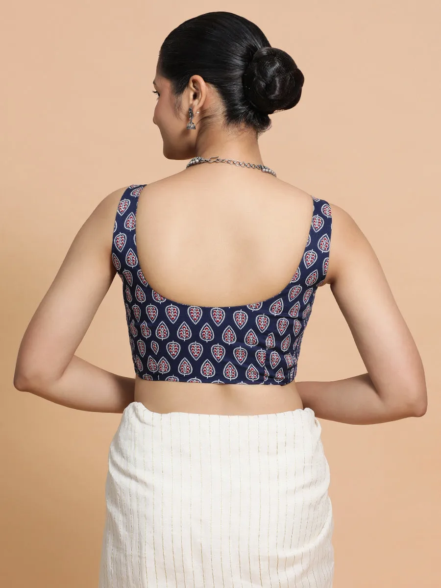 Ekta x Rozaana | Sleeveless Cotton Saree Blouse in Indigo Blue Spade Block Print Fabric