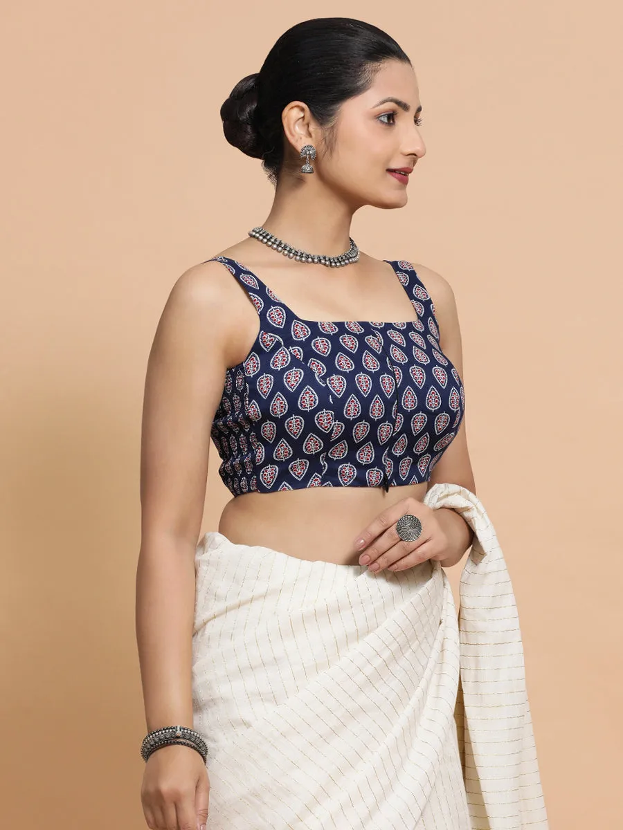 Ekta x Rozaana | Sleeveless Cotton Saree Blouse in Indigo Blue Spade Block Print Fabric