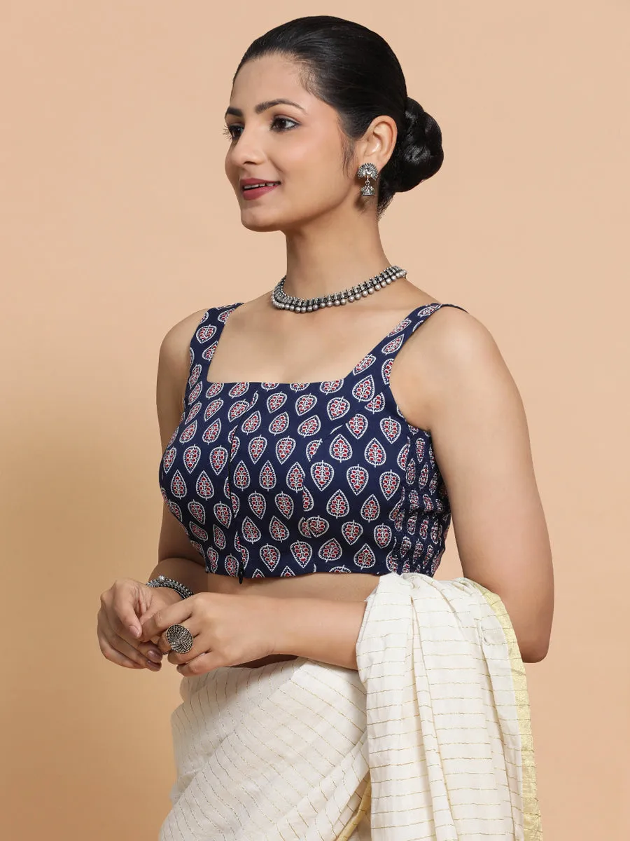 Ekta x Rozaana | Sleeveless Cotton Saree Blouse in Indigo Blue Spade Block Print Fabric