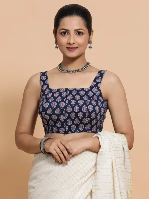 Ekta x Rozaana | Sleeveless Cotton Saree Blouse in Indigo Blue Spade Block Print Fabric