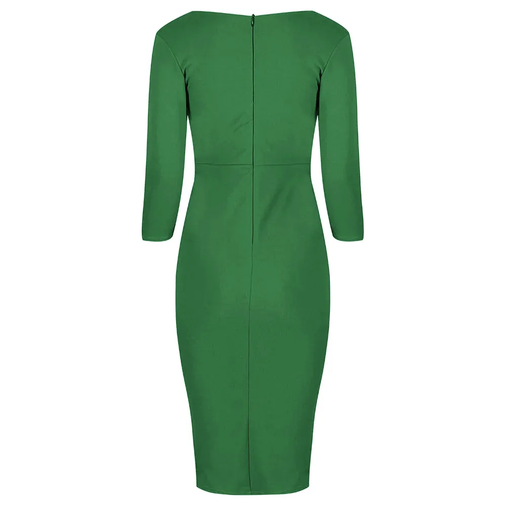 Emerald Green Waterfall Ruffle Wiggle Pencil Dress With 3/4 Sleeves & Empire Waist