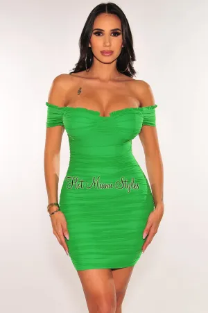 Green Mesh Padded Off Shoulder Ruched Dress