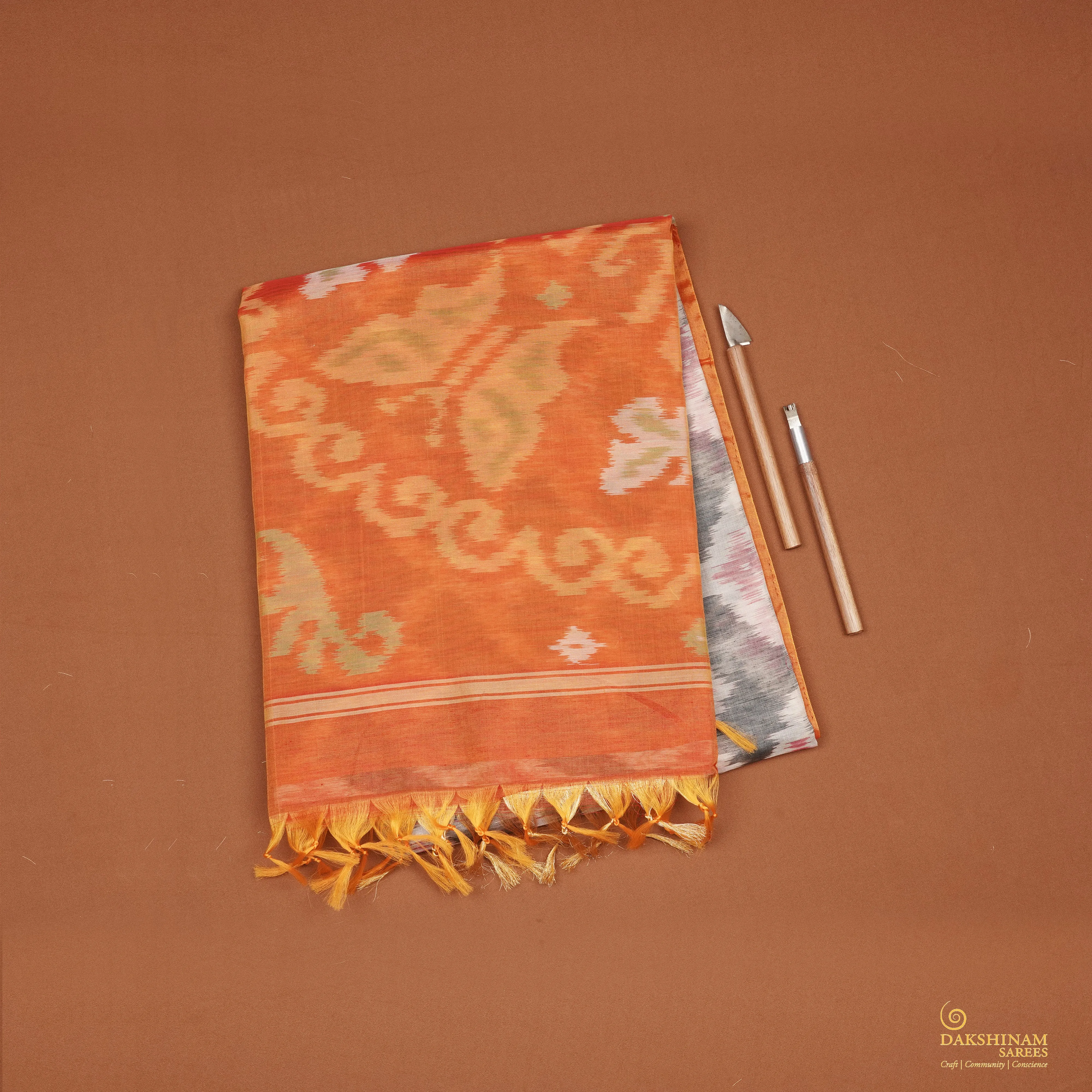 Handwoven Muti- colours with Orange Ikat Silk Saree - 2179T010136DSC