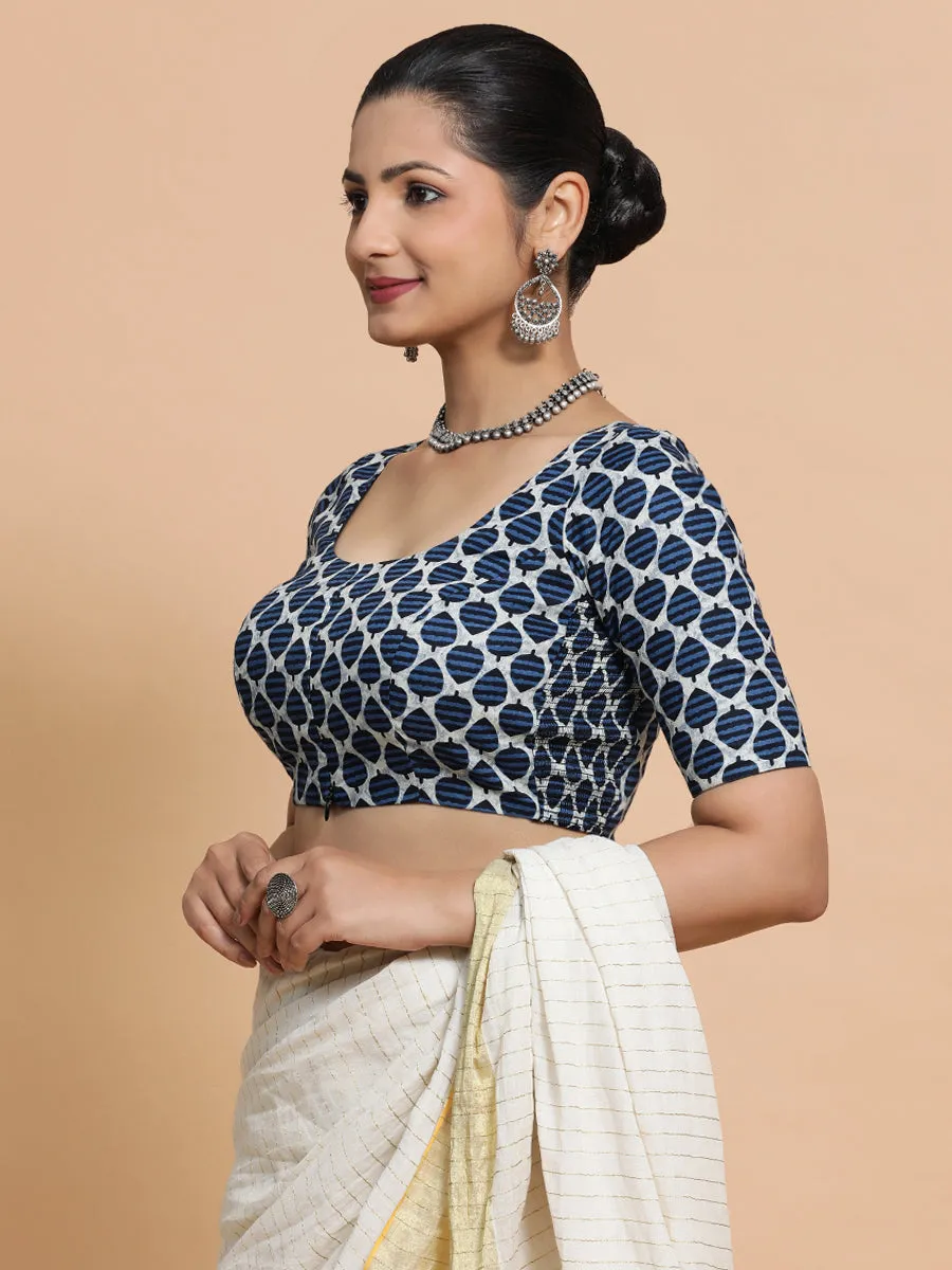 Hita x Rozaana | Elbow Sleeves Cotton Saree Blouse in Indigo Blue Leaf Block Print Fabric