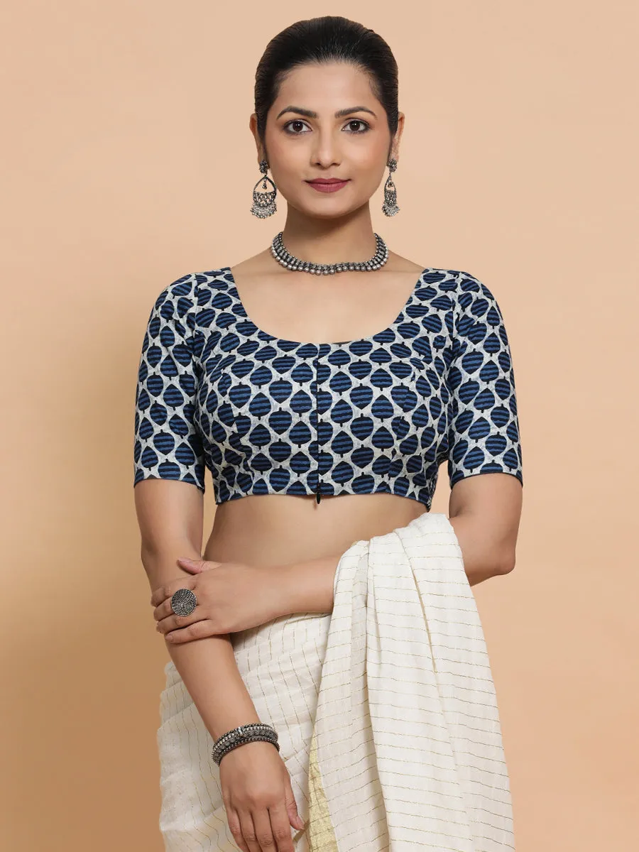 Hita x Rozaana | Elbow Sleeves Cotton Saree Blouse in Indigo Blue Leaf Block Print Fabric