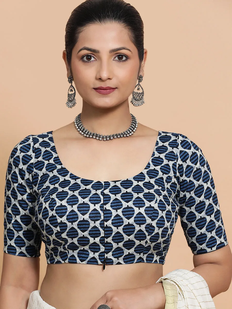 Hita x Rozaana | Elbow Sleeves Cotton Saree Blouse in Indigo Blue Leaf Block Print Fabric