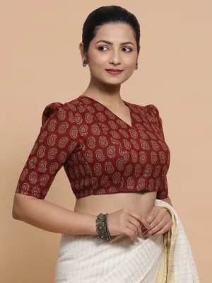 Indira x Rozaana | Elbow Sleeves Cotton Saree Blouse in Red Mango Block Print Fabric