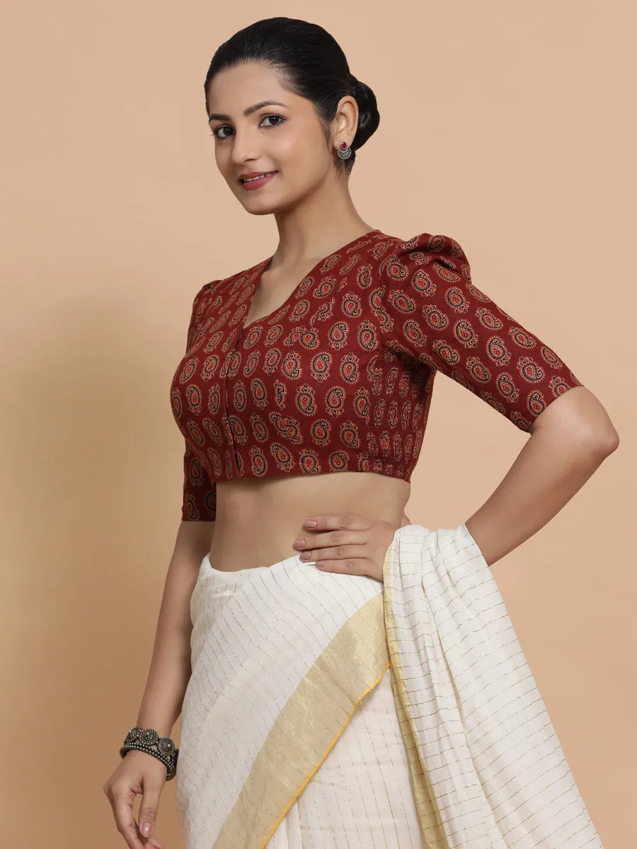 Indira x Rozaana | Elbow Sleeves Cotton Saree Blouse in Red Mango Block Print Fabric