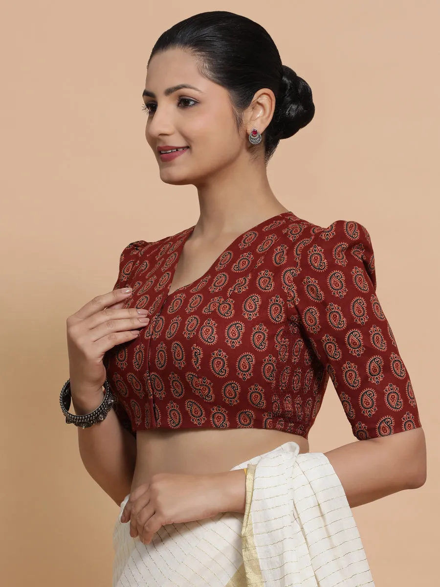 Indira x Rozaana | Elbow Sleeves Cotton Saree Blouse in Red Mango Block Print Fabric