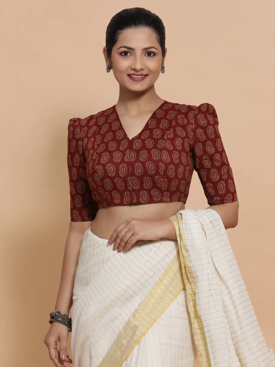 Indira x Rozaana | Elbow Sleeves Cotton Saree Blouse in Red Mango Block Print Fabric