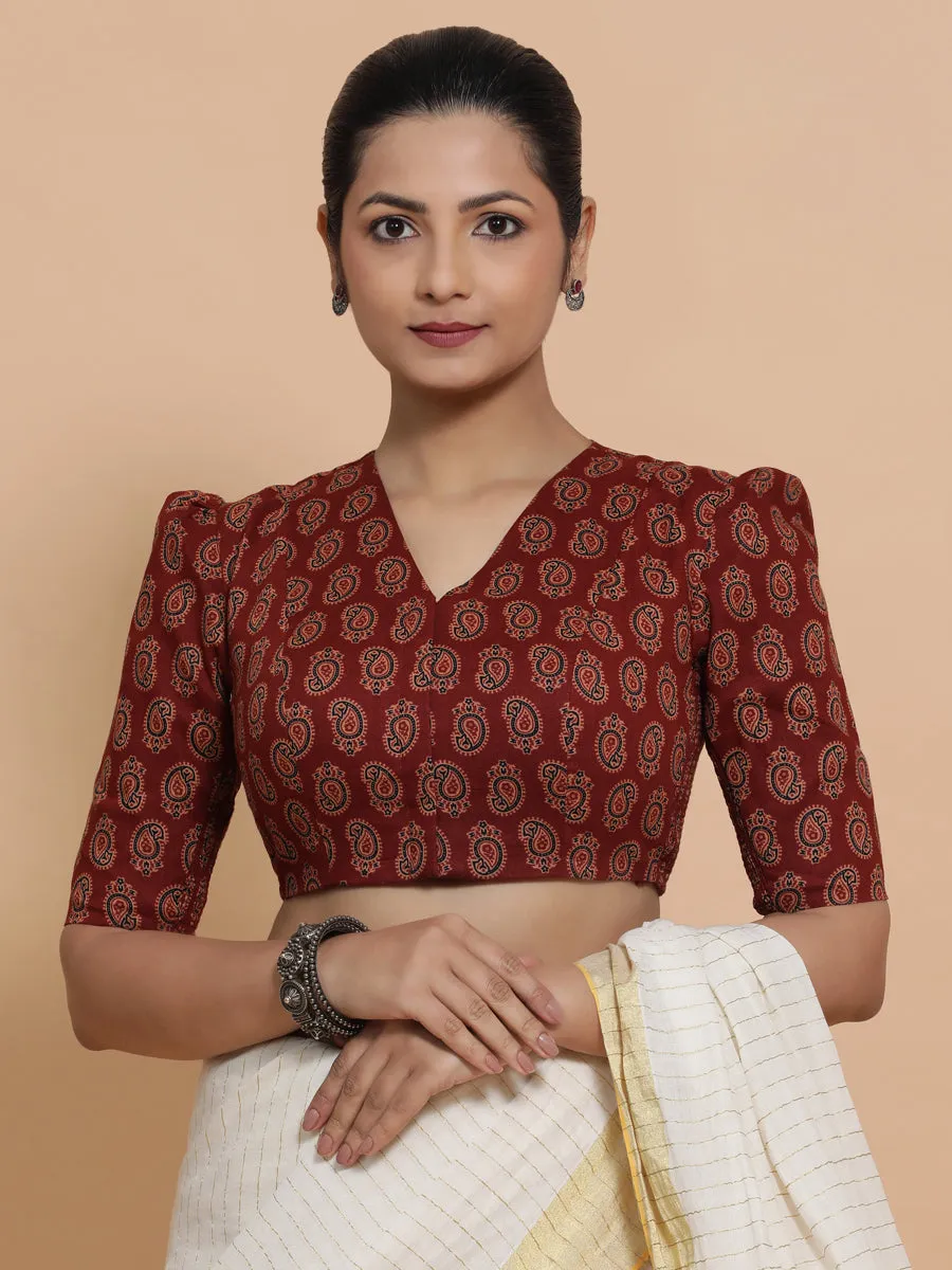 Indira x Rozaana | Elbow Sleeves Cotton Saree Blouse in Red Mango Block Print Fabric