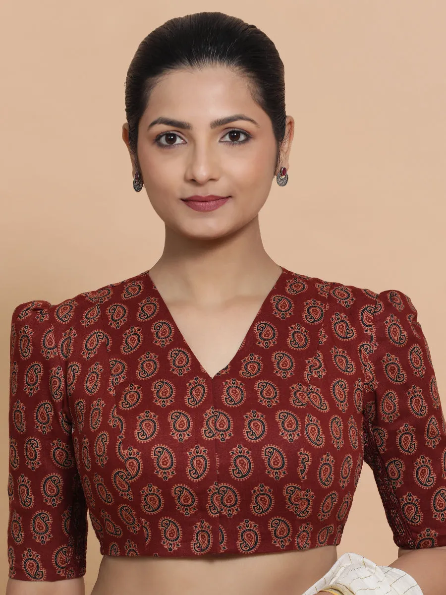 Indira x Rozaana | Elbow Sleeves Cotton Saree Blouse in Red Mango Block Print Fabric