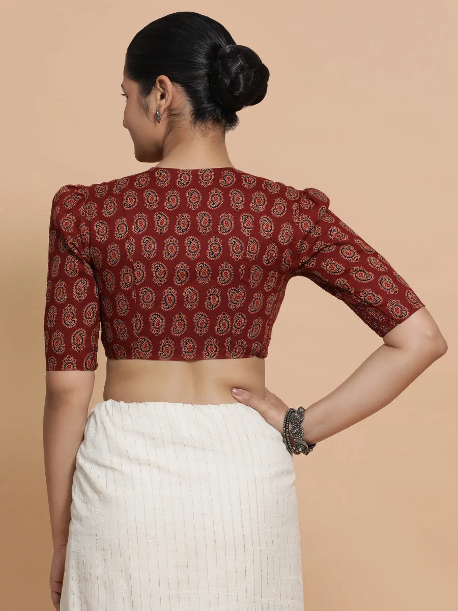 Indira x Rozaana | Elbow Sleeves Cotton Saree Blouse in Red Mango Block Print Fabric