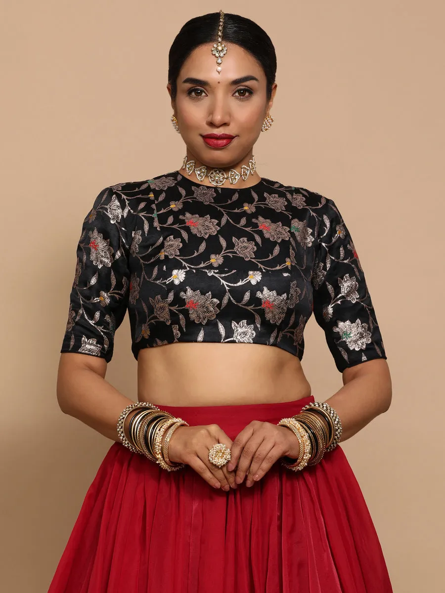 Kavi x Tyohaar | Elbow Sleeves Satin Viscose Saree Blouse in Black Meenakari Fabric