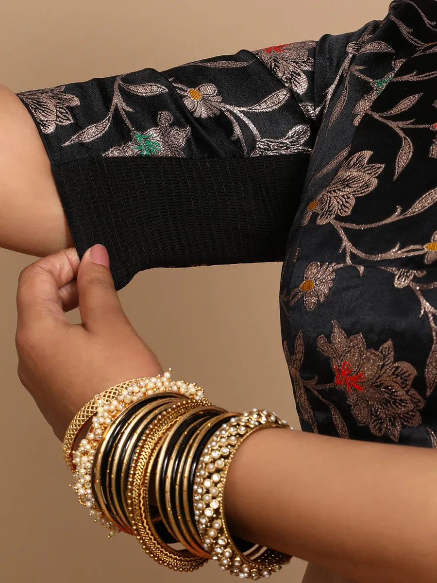 Kavi x Tyohaar | Elbow Sleeves Satin Viscose Saree Blouse in Black Meenakari Fabric