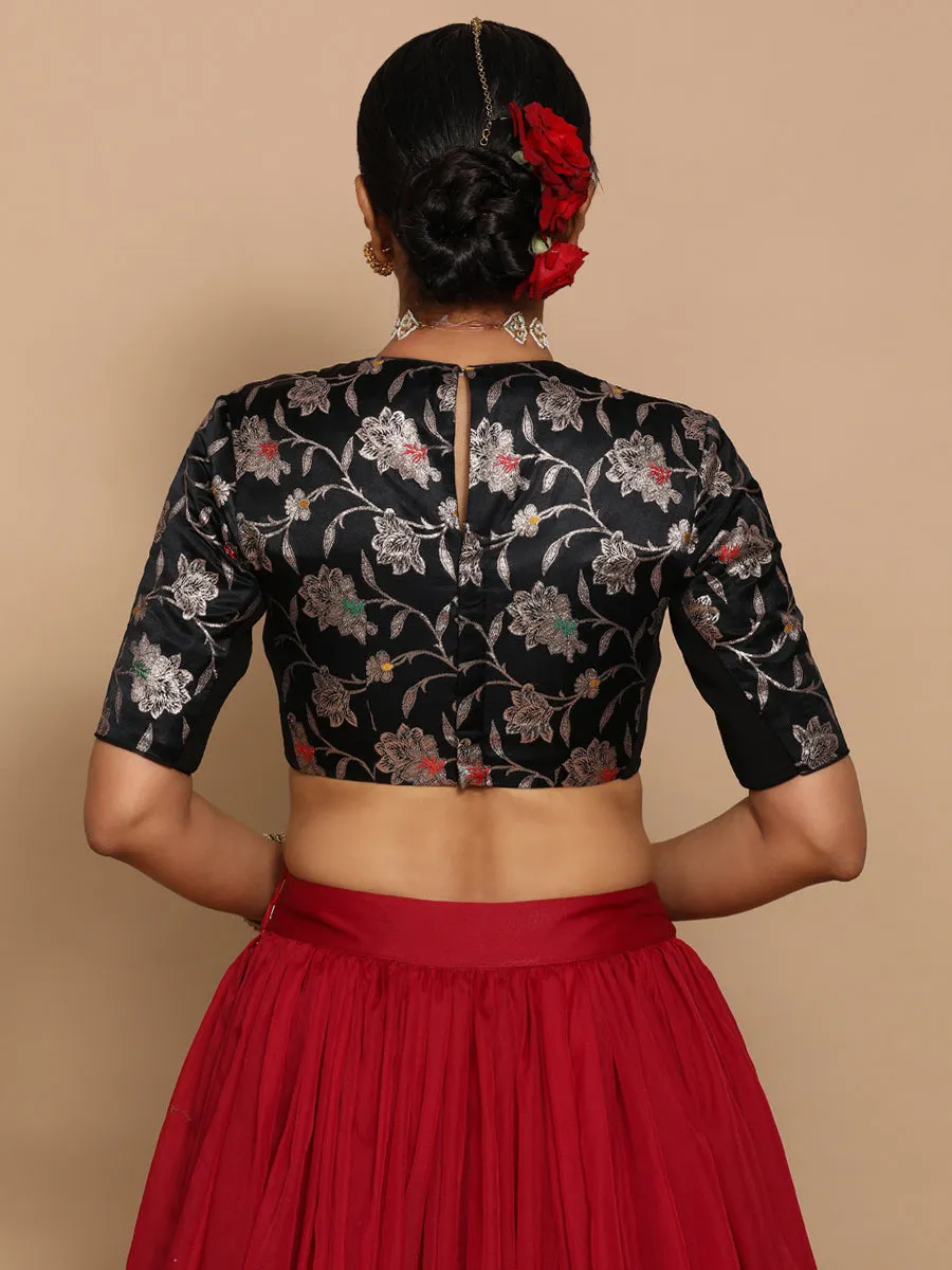 Kavi x Tyohaar | Elbow Sleeves Satin Viscose Saree Blouse in Black Meenakari Fabric