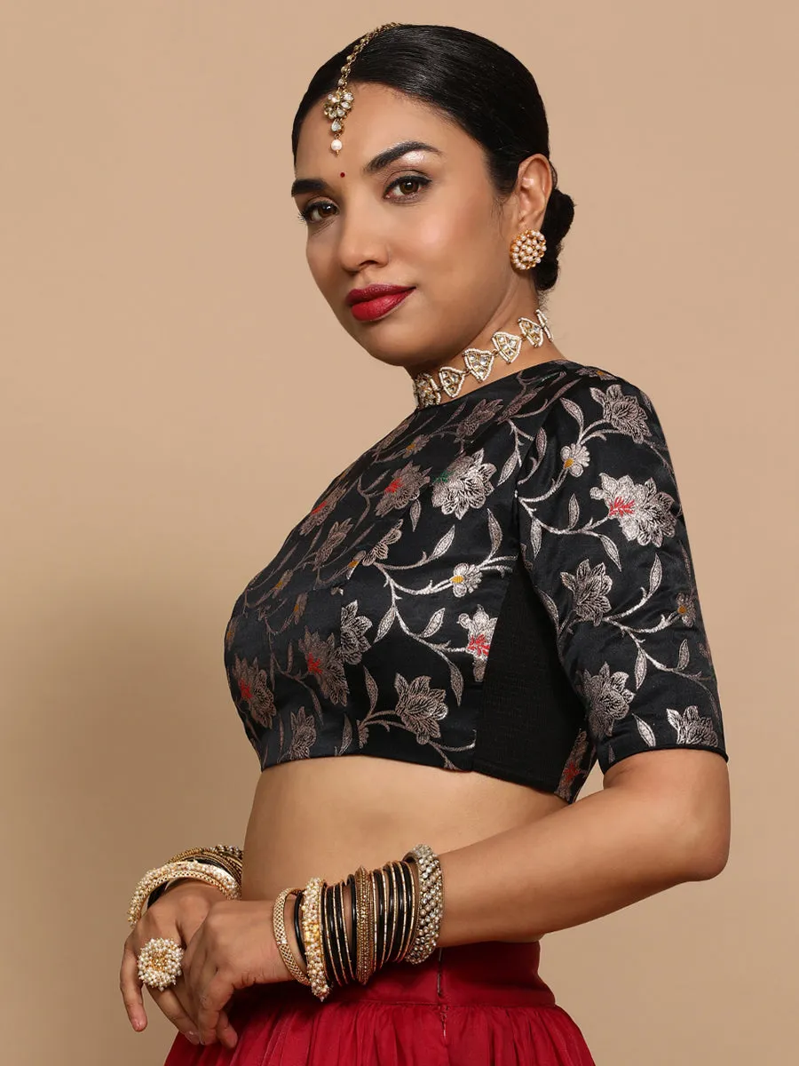 Kavi x Tyohaar | Elbow Sleeves Satin Viscose Saree Blouse in Black Meenakari Fabric