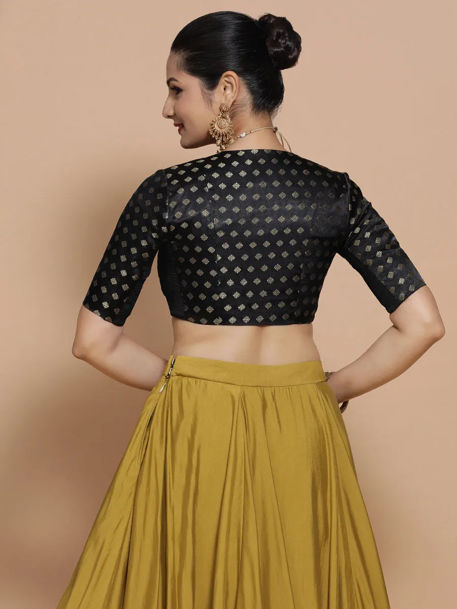 Kaya x Tyohaar | Elbow Sleeves Satin Viscose Saree Blouse in Black Butta Fabric