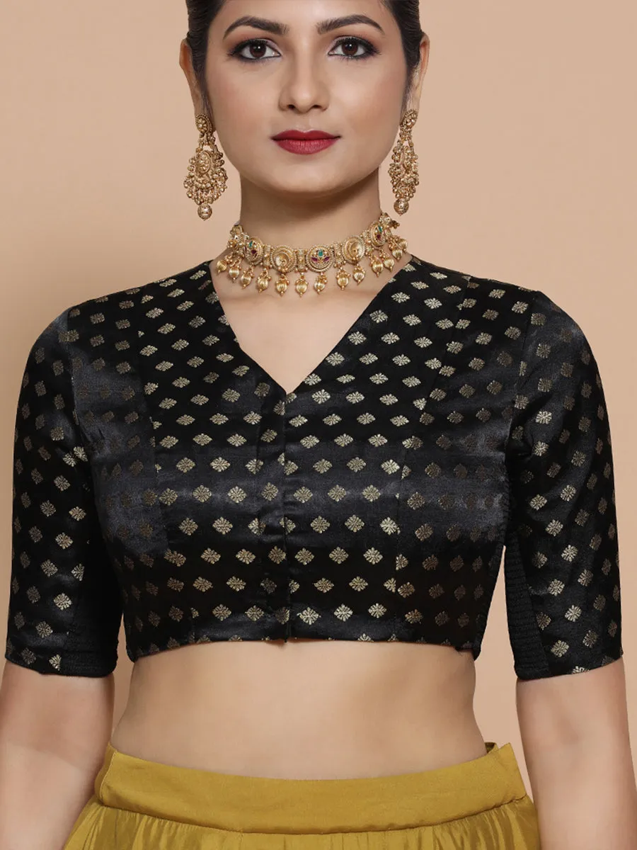 Kaya x Tyohaar | Elbow Sleeves Satin Viscose Saree Blouse in Black Butta Fabric