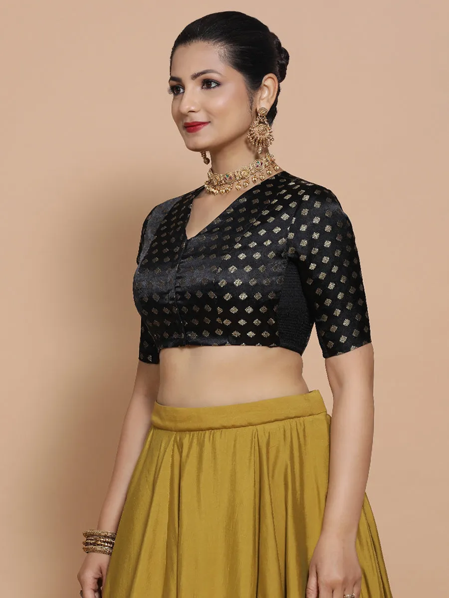 Kaya x Tyohaar | Elbow Sleeves Satin Viscose Saree Blouse in Black Butta Fabric