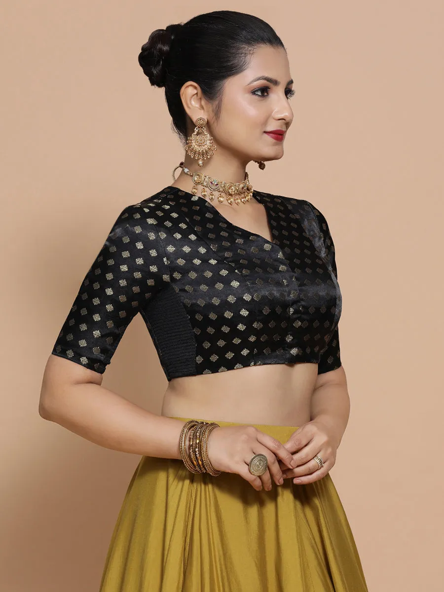 Kaya x Tyohaar | Elbow Sleeves Satin Viscose Saree Blouse in Black Butta Fabric