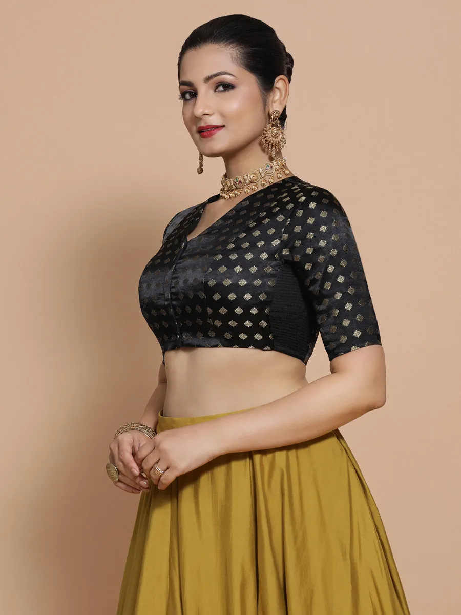 Kaya x Tyohaar | Elbow Sleeves Satin Viscose Saree Blouse in Black Butta Fabric