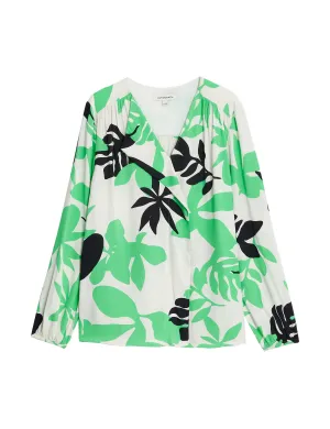 Leaf Print Draped V-Neck Blouse