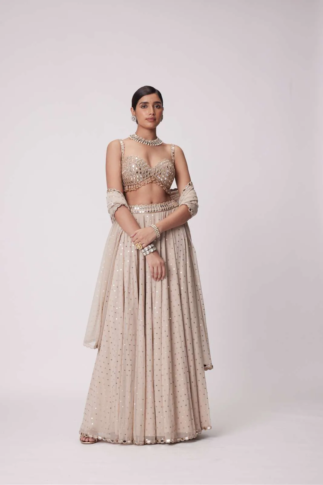 LIGHT BEIGE GEORGETTE LEHENGA PANTS SET