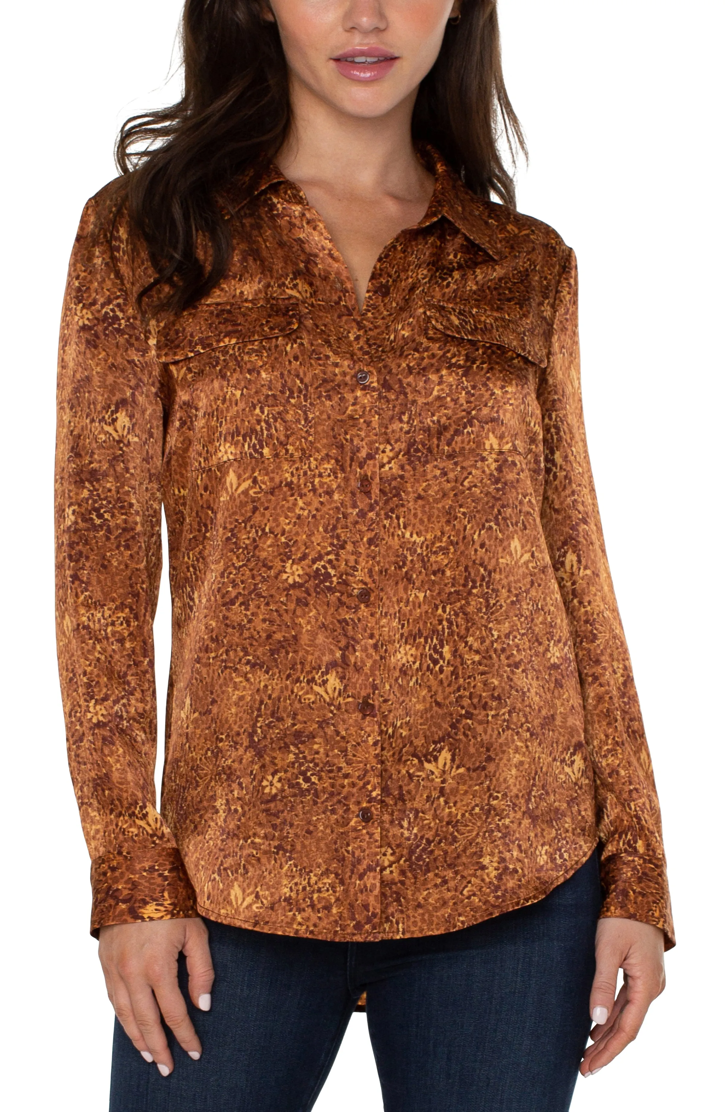 Liverpool Flap Pocket Button Front Woven Blouse (Autumn Safari)