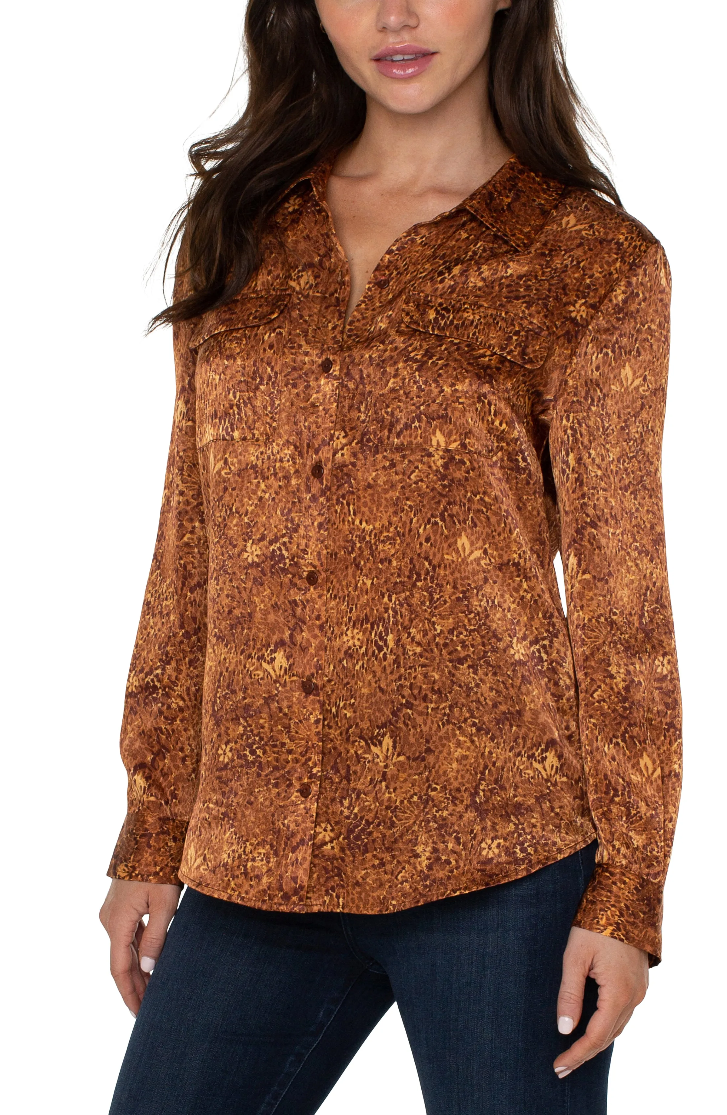 Liverpool Flap Pocket Button Front Woven Blouse (Autumn Safari)