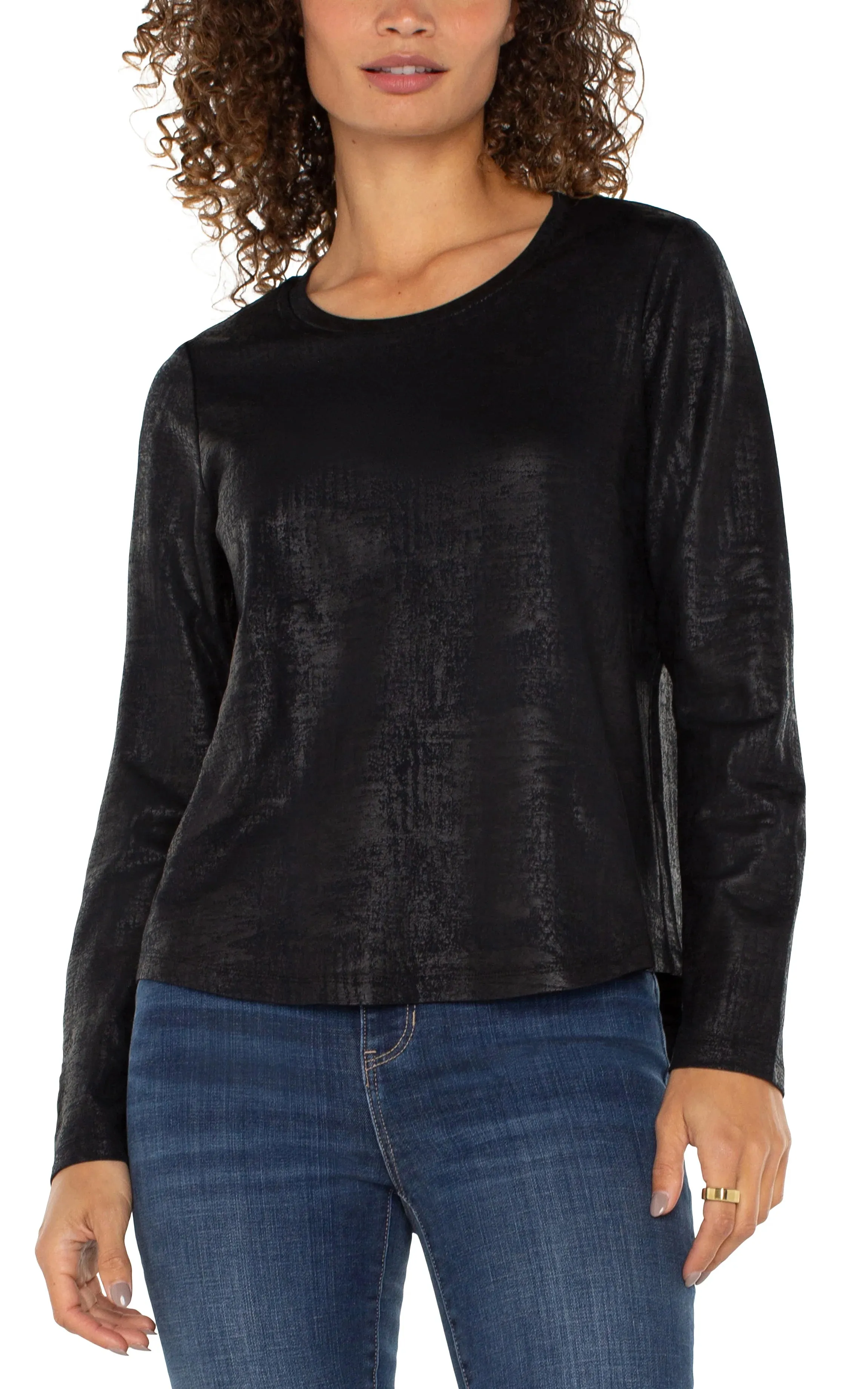 Liverpool Long Sleeve Scoop Neck Knit Top Distressed Black