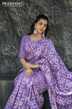 Munga tussar silk saree lavender shade with allover banarasi zari weaves and gottapatti lace work border and readymade chikankari work blouse