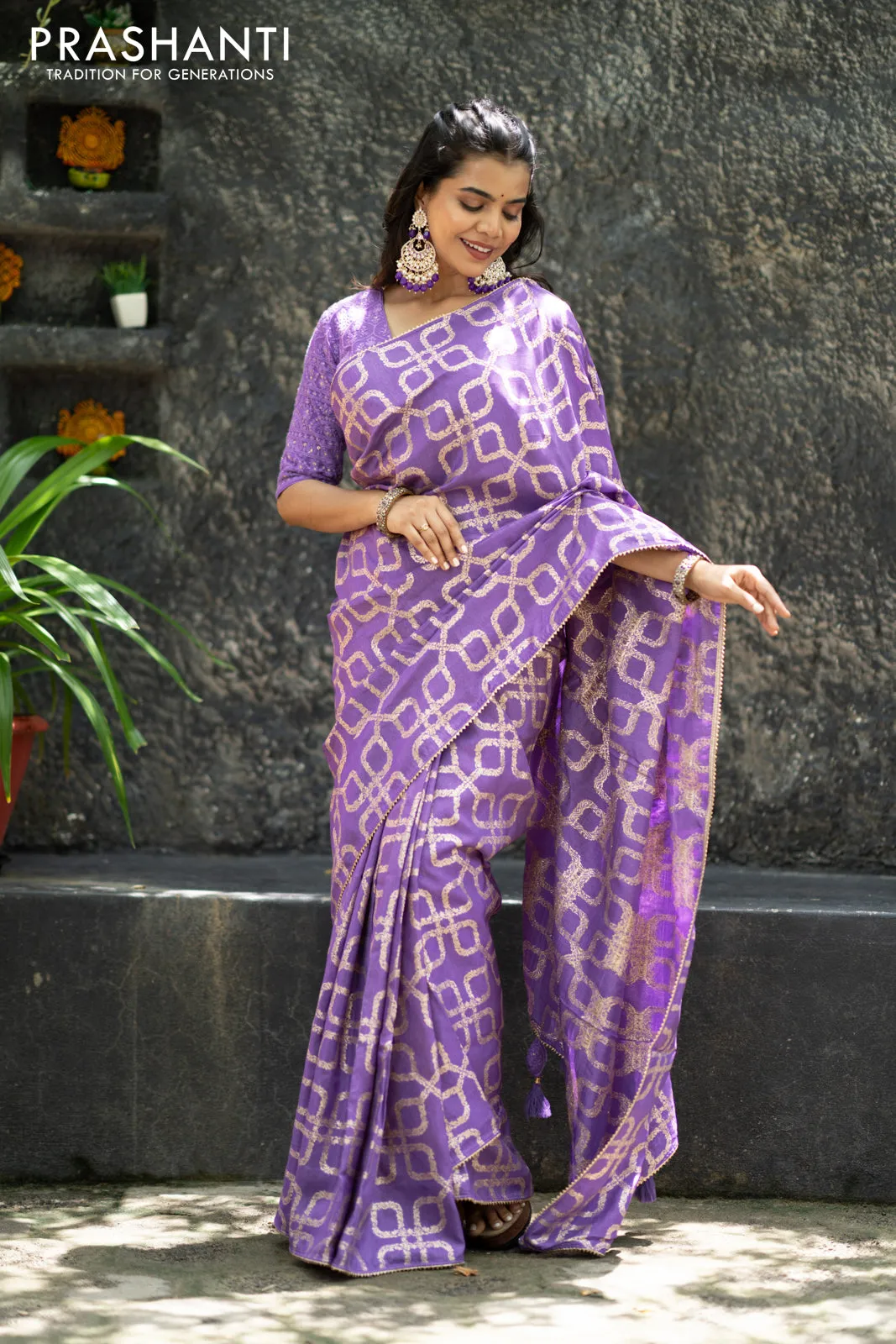 Munga tussar silk saree lavender shade with allover banarasi zari weaves and gottapatti lace work border and readymade chikankari work blouse