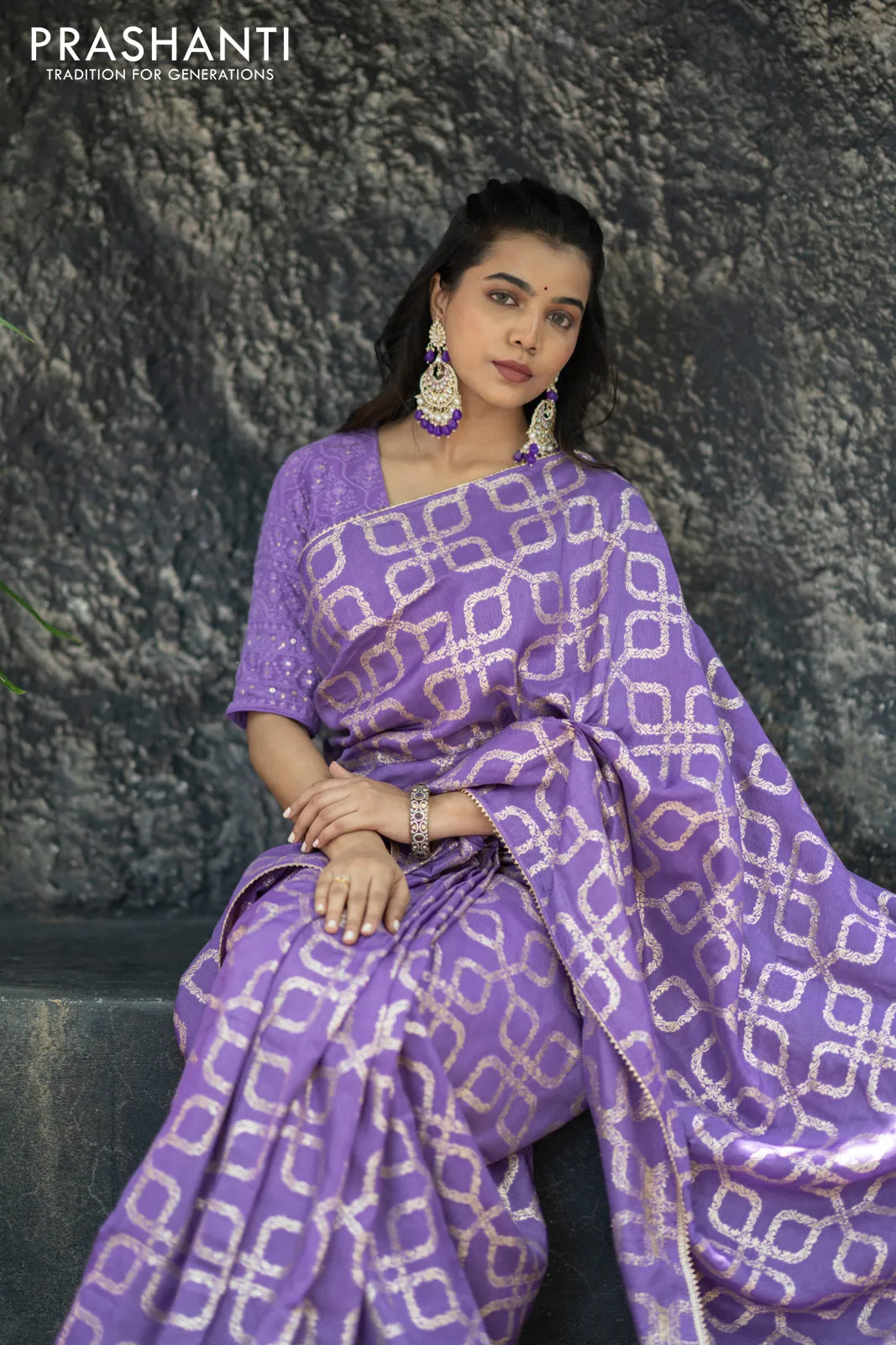 Munga tussar silk saree lavender shade with allover banarasi zari weaves and gottapatti lace work border and readymade chikankari work blouse